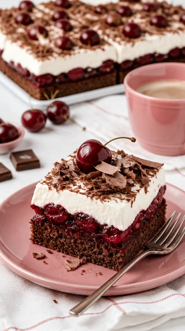 Schwarzwälder Kirschtorte vom Blech mit Kirschen und Schokolade