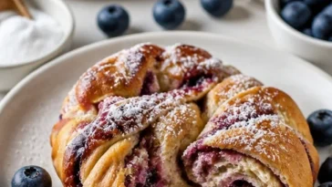 Schwedische Zimtschnecken mit Heidelbeeren und Vanillecreme auf einem Teller