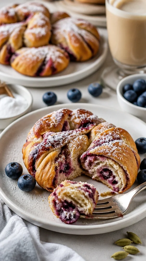 Schwedische Zimtschnecken mit Heidelbeeren und Vanillecreme auf einem Teller