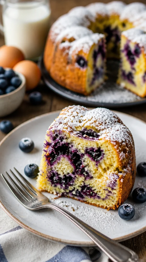 Sommerkuchen mit Blaubeeren und Buttermilch auf einem Teller serviert