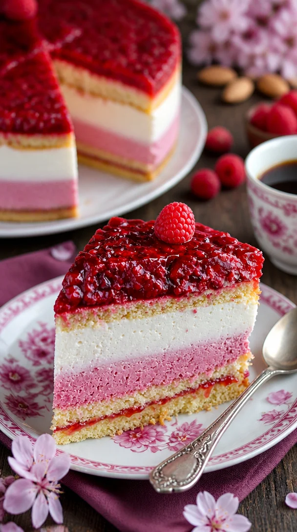Sommerliche Himbeersahnetorte mit frischen Himbeeren und Sahne