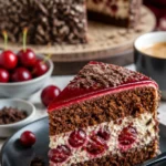 Leckere Stracciatella-Kirsch-Torte mit Schokoladenflocken und Kirschen.
