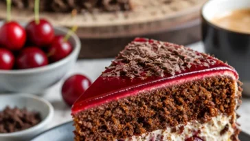 Leckere Stracciatella-Kirsch-Torte mit Schokoladenflocken und Kirschen.