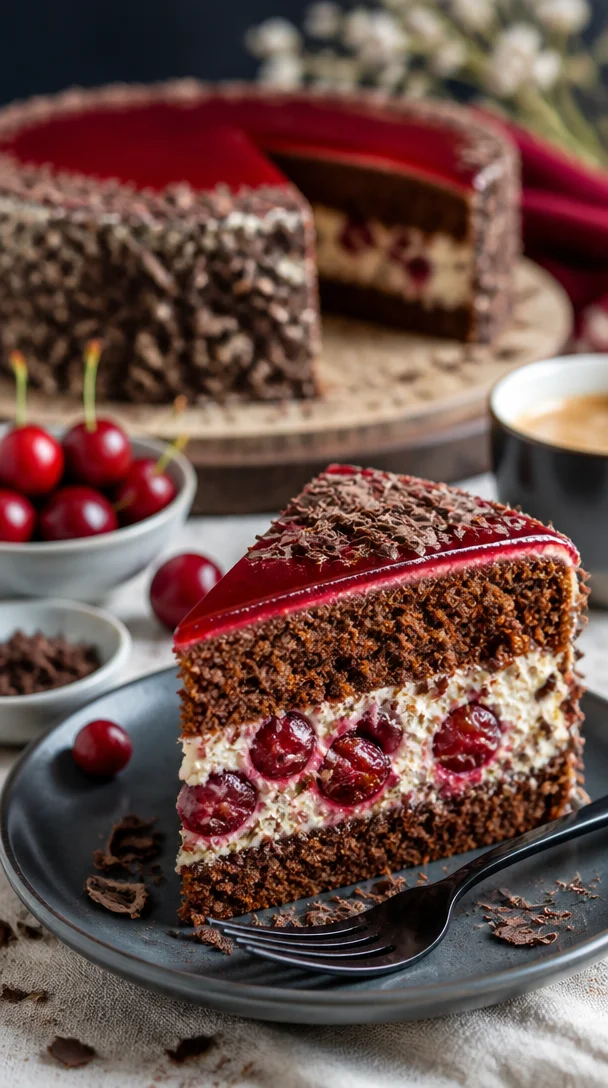 Leckere Stracciatella-Kirsch-Torte mit Schokoladenflocken und Kirschen.