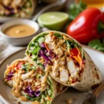 Thailändische Erdnuss-Hühnchen-Wraps mit frischen Zutaten auf einem Teller