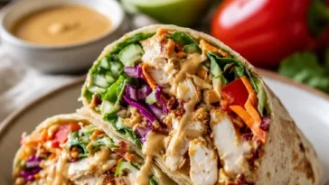 Thailändische Erdnuss-Hühnchen-Wraps mit frischen Zutaten auf einem Teller