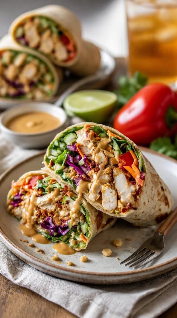 Thailändische Erdnuss-Hühnchen-Wraps mit frischen Zutaten auf einem Teller