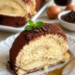 Leckere Tiramisu-Biskuitrolle mit Kaffee und Mascarpone, perfekt zum Dessert.