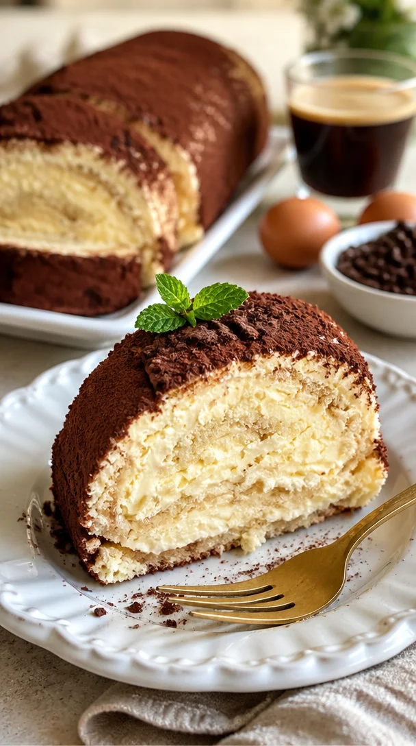 Leckere Tiramisu-Biskuitrolle mit Kaffee und Mascarpone, perfekt zum Dessert.