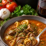 Tortellini Suppe mit Hackfleisch in einer Schüssel garniert mit Kräutern.