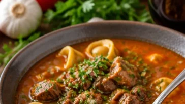 Tortellini Suppe mit Hackfleisch in einer Schüssel garniert mit Kräutern.