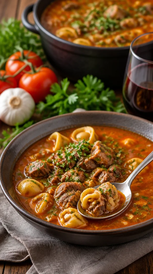 Tortellini Suppe mit Hackfleisch in einer Schüssel garniert mit Kräutern.