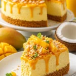 Mango-Käsekuchen mit tropischen Früchten auf einem Teller