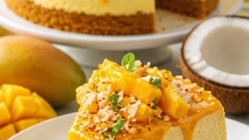 Mango-Käsekuchen mit tropischen Früchten auf einem Teller