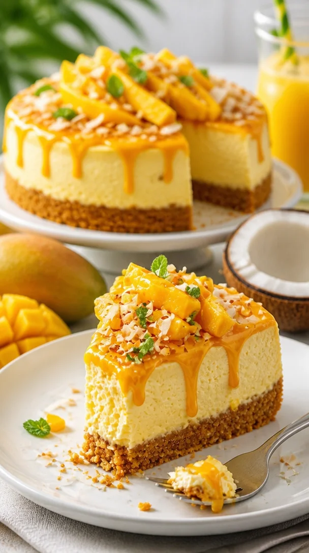Mango-Käsekuchen mit tropischen Früchten auf einem Teller