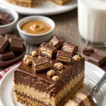 Leckerer Twix-Kuchen mit Schokolade und Karamell auf einem Teller