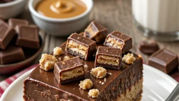 Leckerer Twix-Kuchen mit Schokolade und Karamell auf einem Teller