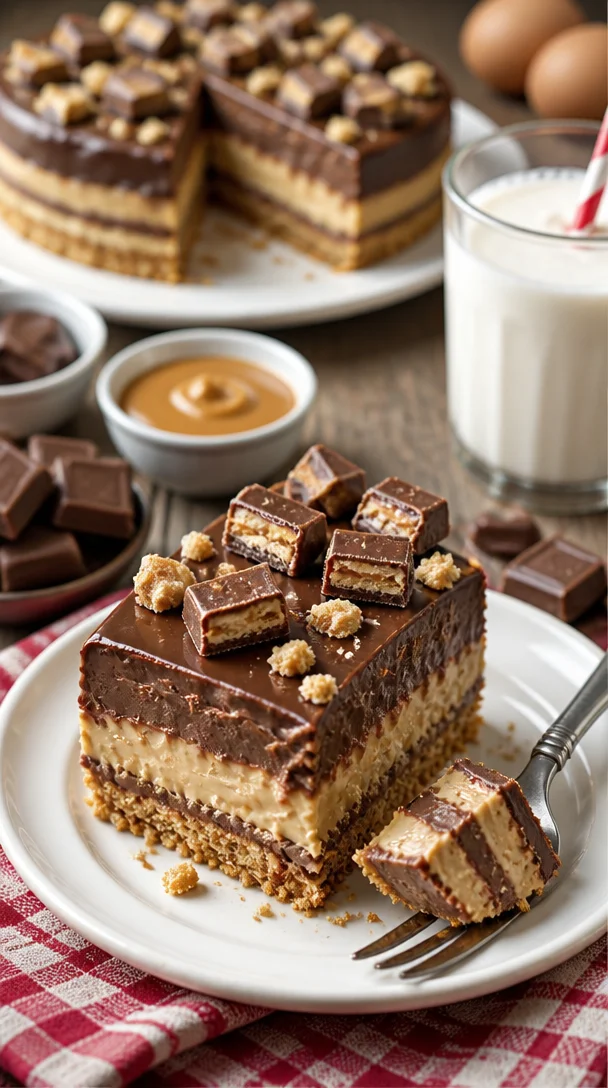 Leckerer Twix-Kuchen mit Schokolade und Karamell auf einem Teller