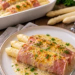Überbackene Spargel-Schinken-Röllchen mit Käse auf einem Teller