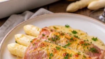 Überbackene Spargel-Schinken-Röllchen mit Käse auf einem Teller