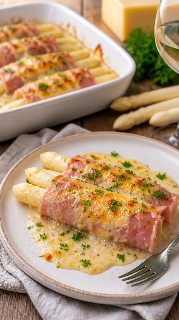Überbackene Spargel-Schinken-Röllchen mit Käse auf einem Teller