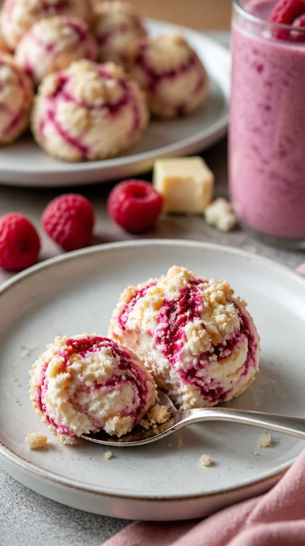 Himbeer-Frischkäse-Bites auf einem Teller dekoriert mit frischen Himbeeren