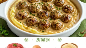 Hackbällchen in cremiger Sauce mit Kartoffelpüree serviert