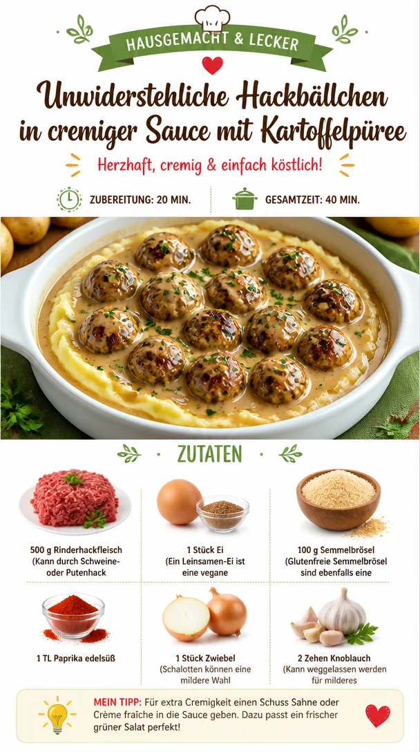 Hackbällchen in cremiger Sauce mit Kartoffelpüree serviert