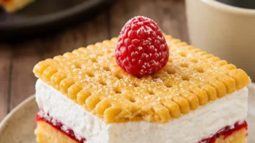 Veganer Himbeerbutterkekskuchen mit frischen Himbeeren und veganer Butter