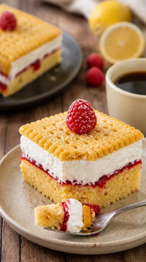Veganer Himbeerbutterkekskuchen mit frischen Himbeeren und veganer Butter