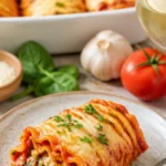 Vegane Lasagne Rollen auf einem Teller mit frischen Kräutern