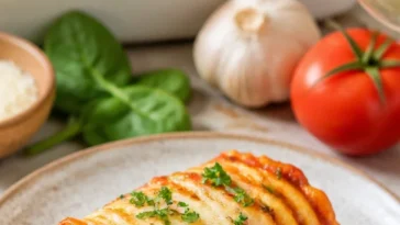Vegane Lasagne Rollen auf einem Teller mit frischen Kräutern
