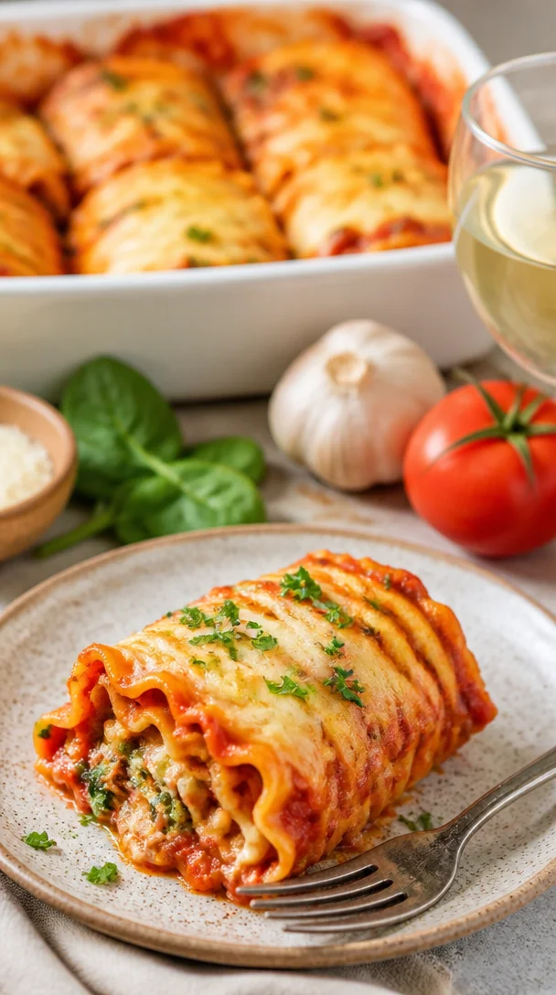 Vegane Lasagne Rollen auf einem Teller mit frischen Kräutern