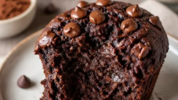 Vegane Schokomuffins in einer rustikalen Bäckerei präsentiert