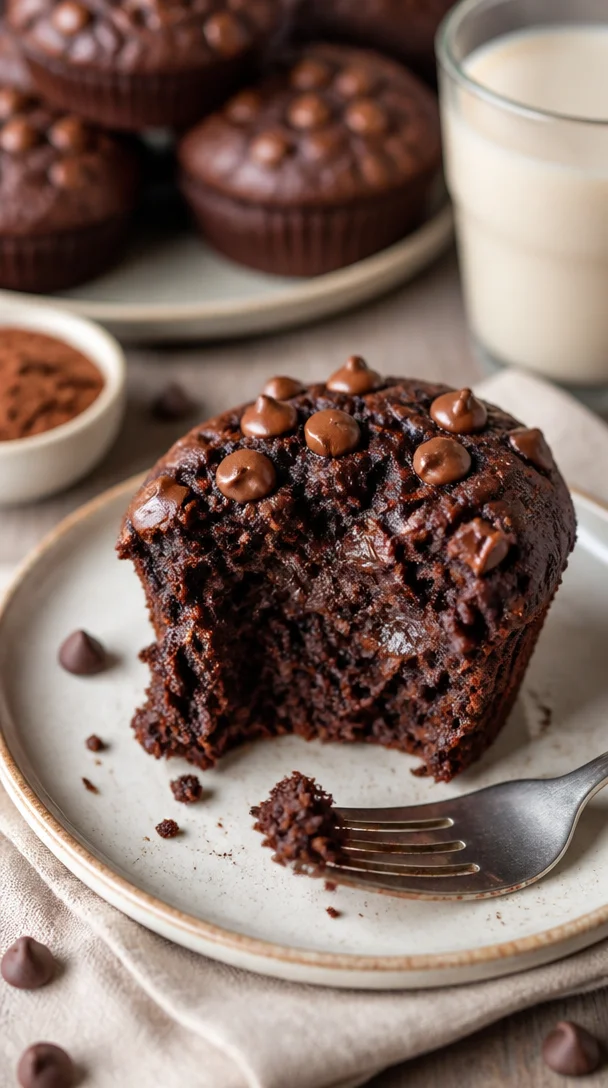 Vegane Schokomuffins in einer rustikalen Bäckerei präsentiert