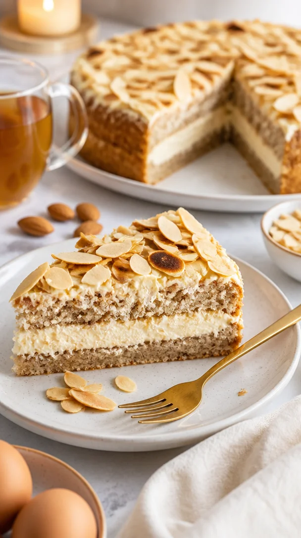 Vegane schwedische Mandeltorte auf einem Teller mit Dekoration