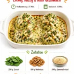 Walnuss-Spinatknödel serviert mit einer cremigen Sauce