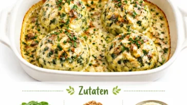 Walnuss-Spinatknödel serviert mit einer cremigen Sauce