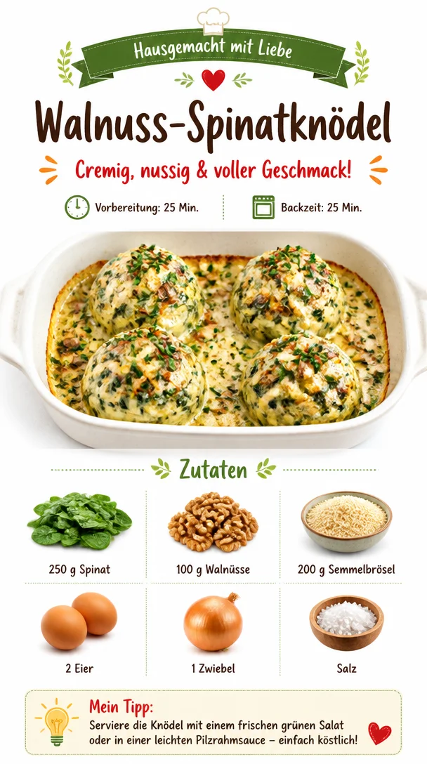 Walnuss-Spinatknödel serviert mit einer cremigen Sauce