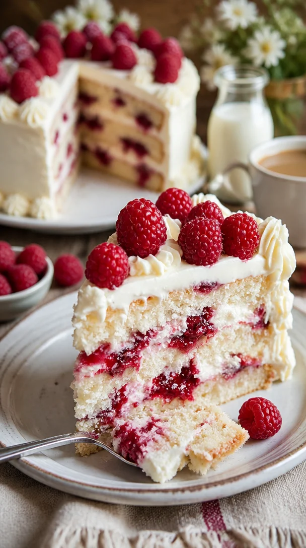 Weiße Schokolade Himbeer-Kuchen mit frischen Himbeeren