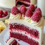 Saftiger Himbeerkuchen mit weißer Schokolade auf einem Teller