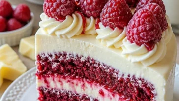 Saftiger Himbeerkuchen mit weißer Schokolade auf einem Teller