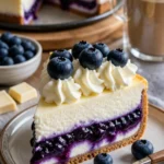 Weißer Schokoladen Cheesecake mit frischen Blaubeeren auf einem Teller