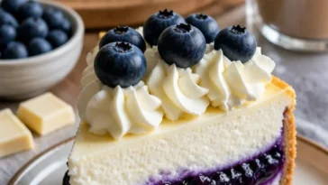 Weißer Schokoladen Cheesecake mit frischen Blaubeeren auf einem Teller