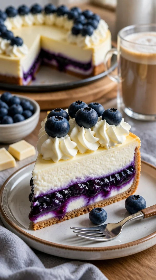 Weißer Schokoladen Cheesecake mit frischen Blaubeeren auf einem Teller