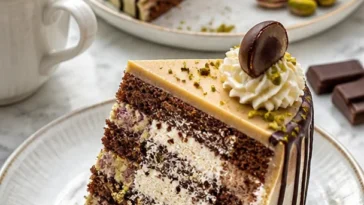 Weltbeste Mozartkugeltorte mit Schokolade, Marzipan und Nüssen auf einem Teller