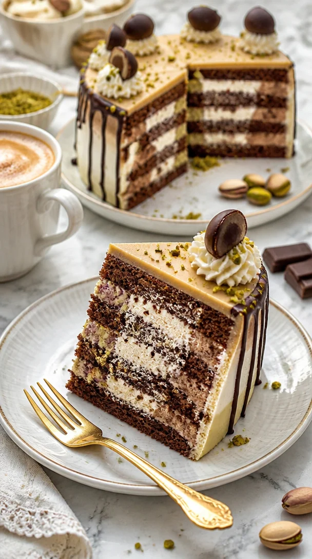 Weltbeste Mozartkugeltorte mit Schokolade, Marzipan und Nüssen auf einem Teller