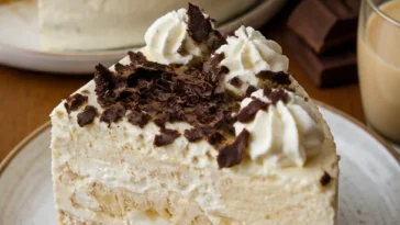 Windbeuteltorte mit Nussboden und Baileys Sahne auf einem eleganten Dessertteller.