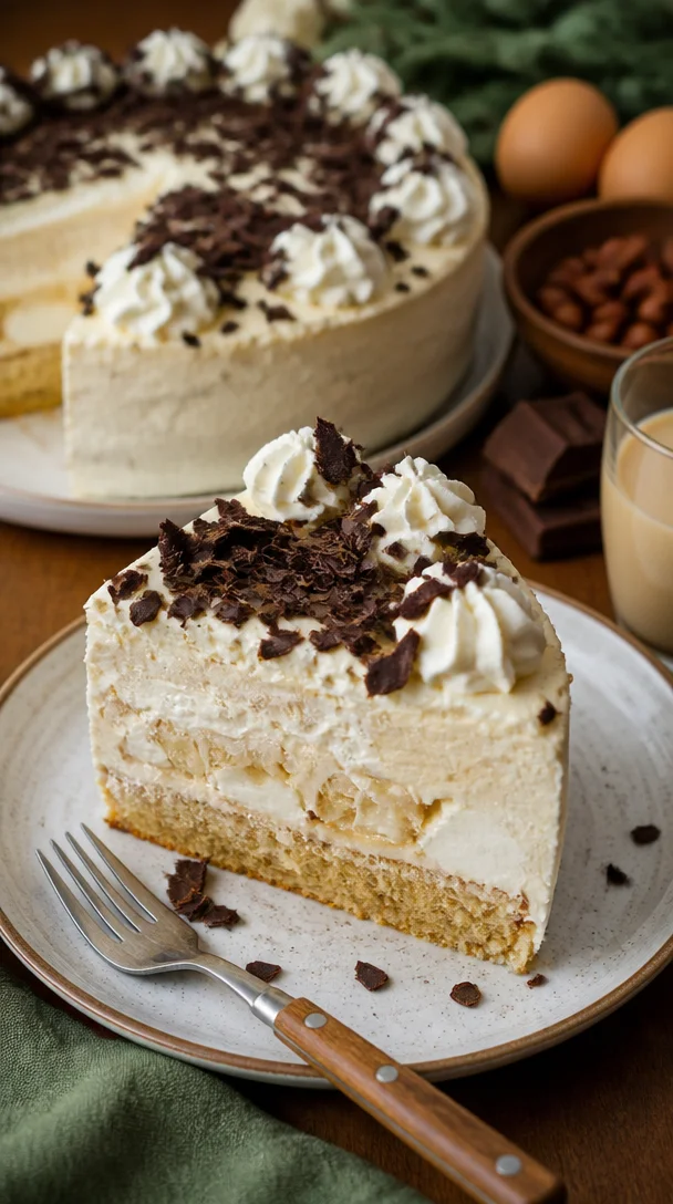 Windbeuteltorte mit Nussboden und Baileys Sahne auf einem eleganten Dessertteller.