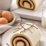 Winterliche Biskuitrolle mit Schokolade auf einem festlich gedeckten Tisch